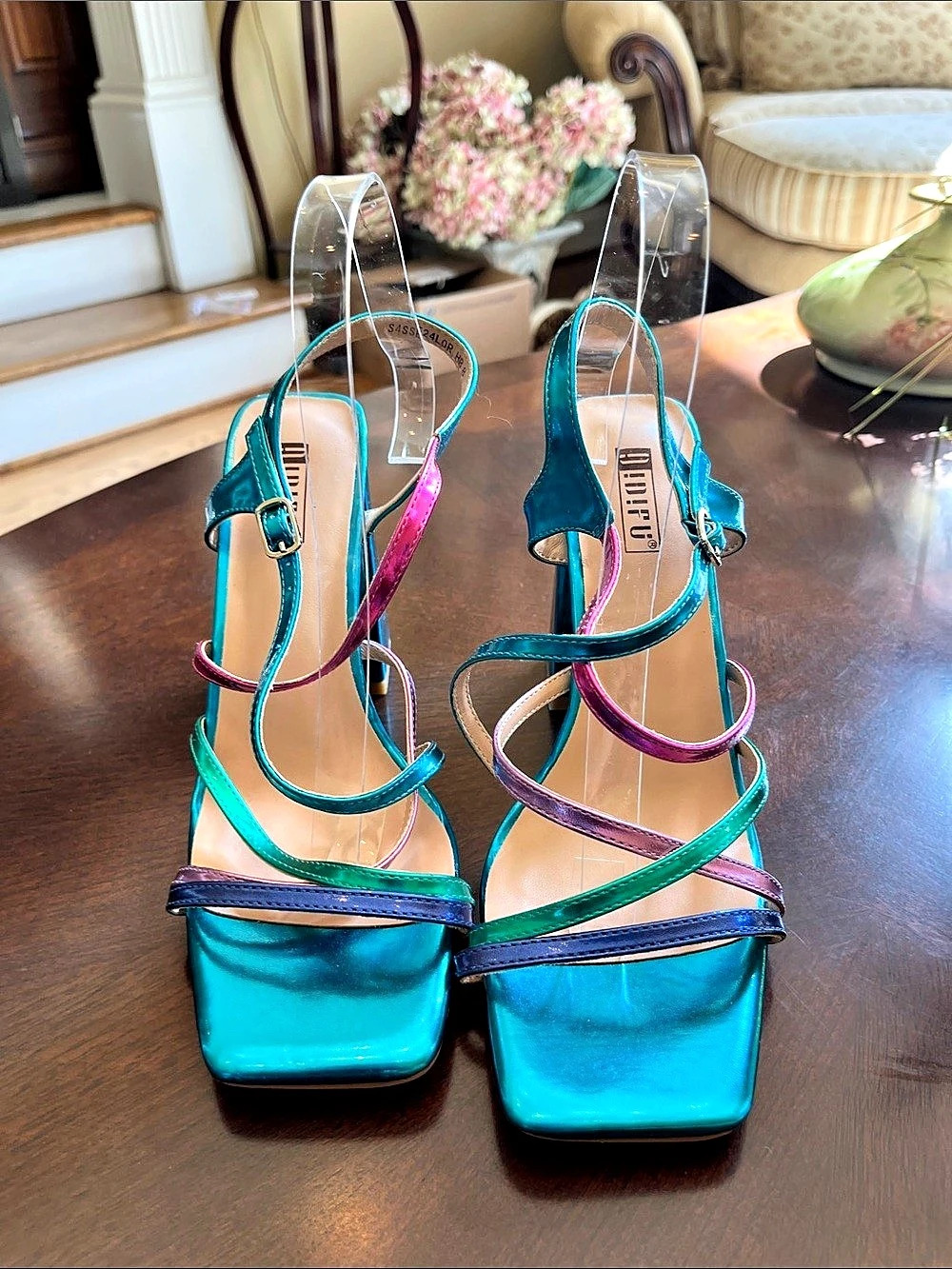Strappy Color Block Heels in Blue & Pink Like New